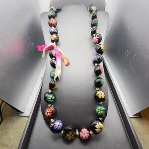 VTG Hawaiian Kukui Nut Lei 32" Hand Painted Multicolor Floral Hibiscus w/ Ribbon